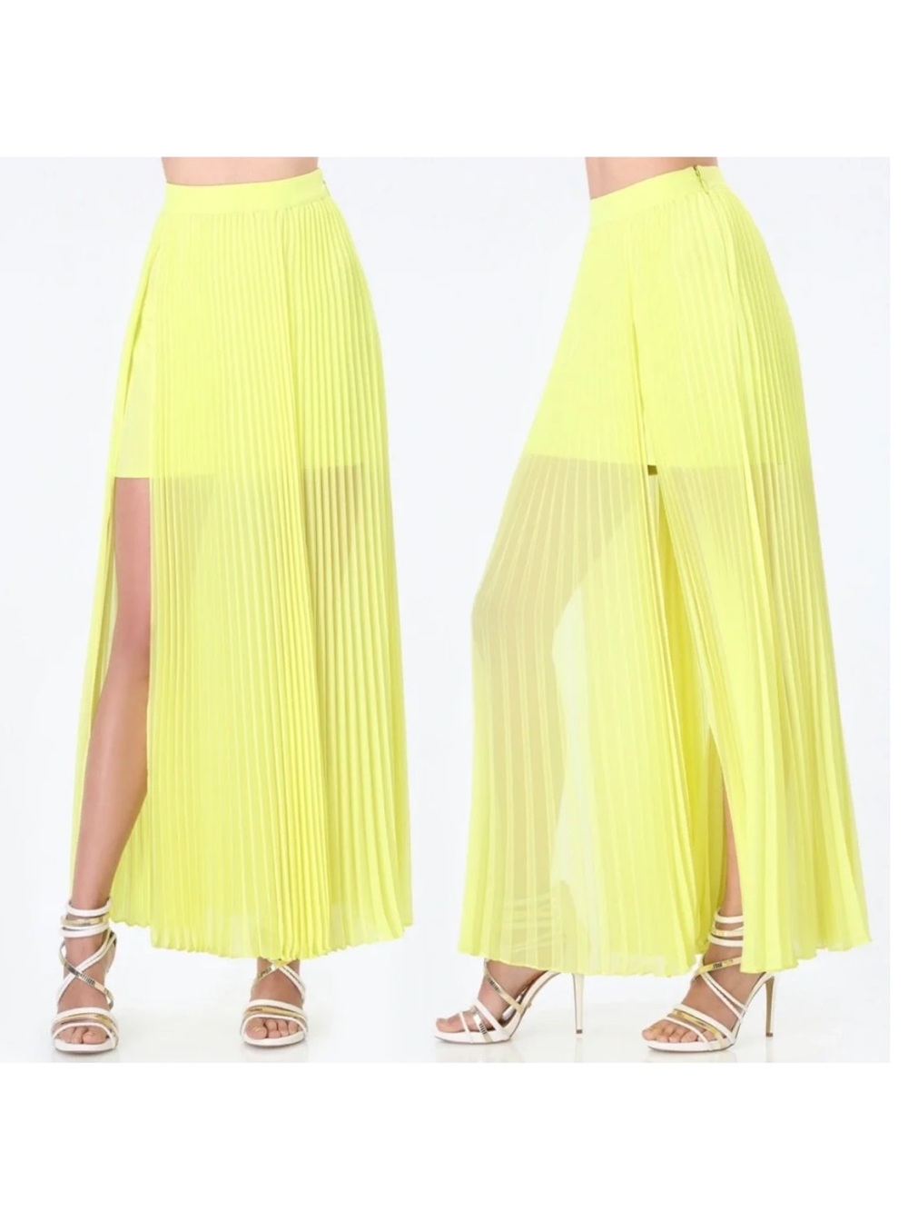 bebe Neon Yellow Sheer Pleated Maxi Skirt with High Front Side Slits